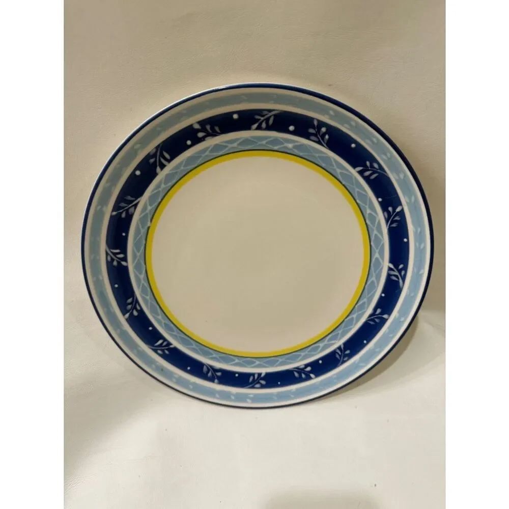 Macy’s The Cellar Blue Yellow Ceramic Dinner Plate Raised Floral Decorative Rim